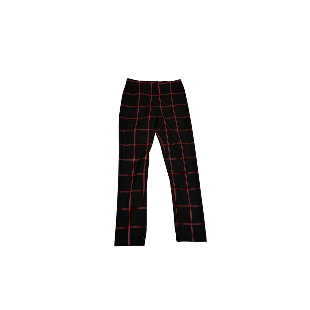 Ann Taylor Petite Black Red Windowpane Plaid Slim Leg Pull On Pants 2P workwear